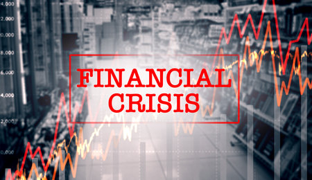 Financial crisis, graphs and statistics of economy, inflation of money and increase in price, cost and overlay. Chart, analytics and recession for finance data, fail of stock market and trading riskの写真素材