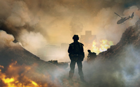War, explosion and smoke, soldier silhouette on battlefield with conflict, military vehicle and politics. Helicopter, fire and chaos from fight, people in armed forces and warzone with army warriorの写真素材