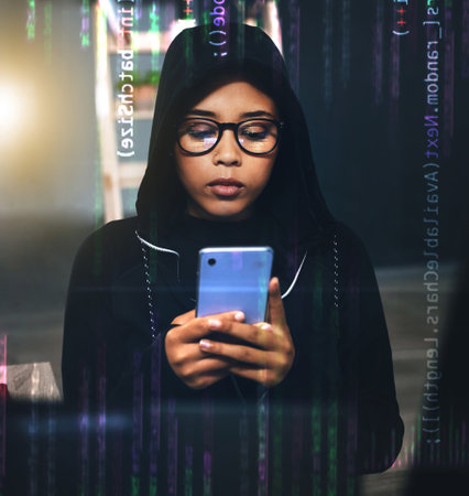 Hacker, coding overlay and woman with phone at night for cybersecurity, phishing and crime. Information technology, mockup and person on smartphone with software, network code or programming hologramの写真素材
