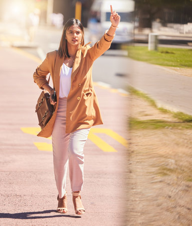 Woman, walking and wave to taxi in city for bus, cab or commute transportation and travel in cbd for business. Person, hand and sign to call attention of taxicab driver, service or passenger in townの写真素材