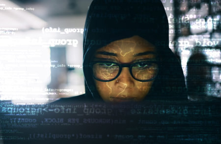 Hacker, woman and laptop with code and hologram, information technology and programming with...