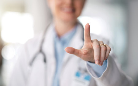 Hand, doctor and woman with futuristic, press and selection with medicine, planning and connection. Click, medical professional or consultant with feedback, finger or hospital with future or decisionの写真素材
