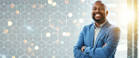 Portrait, business and black man with a banner, arms crossed and startup with lens flare, career and success. Face, African person and employee with overlay, work and corporate professional with gridの写真素材