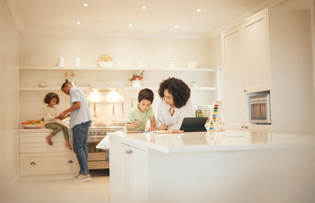 Learning, child and mother help with math homework in kitchen of family home for development and education. Support, mom and boy kid with school work and study at table for knowledge and calculationの写真素材