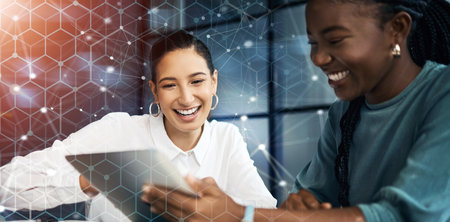 Tablet, team and happy business people on overlay in office to research creative project in startup. Technology, collaboration of designer and women planning strategy or brainstorming together onlineの写真素材