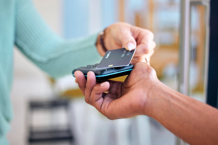 Machine, hands or payment with credit card by customer at checkout transaction on electronic pos....
