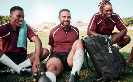 Fitness, people and rugby players on a break at training for planning strategy for game or match. Sports, group and athletes talking for team building and motivation on an outdoor field for practice.の写真素材