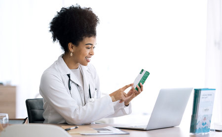 Woman, doctor and laptop for video call, pills and advice with telehealth, product or package in...