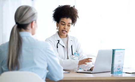 Doctor, woman and computer for healthcare support, hospital services and patient history, charts or...