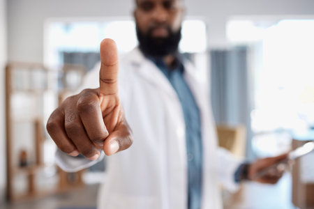 Hand, invisible screen and doctor press key on technology for healthcare, wellness or telehealth. Finger, click touchscreen or medical professional on internet for digital connection on futuristic uiの写真素材