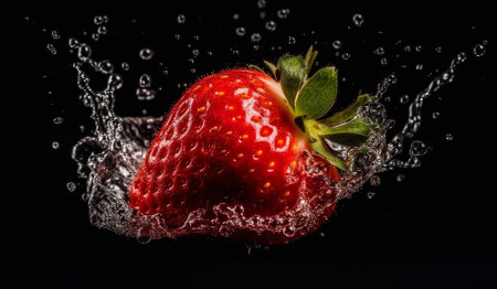 Strawberry, water splash and freshness with hydration for cleansing or cleaning produce on a darkの素材