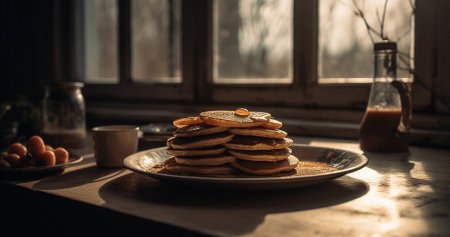 Pancake, food and diet stack closeup on a kitchen counter in a restaurant for a tasty meal. Zoomの素材