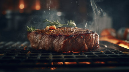 Grill, cooking and steak closeup for bbq for a healthy, delicious ai generated meal. Protein, meatの素材