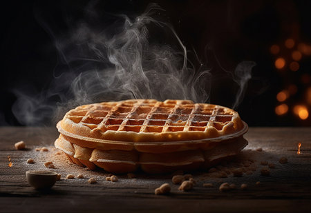 Steam, hot and waffles for a breakfast diet and nutrition meal to eat on a table. Sweet, aiの素材