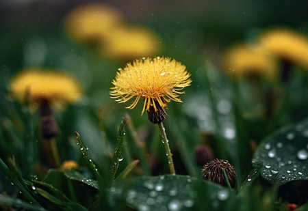 Dandelion, water drops and closeup of flower in nature for spring and natural background. Aiの素材
