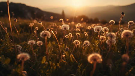 Dandelion, closeup of flower in nature field for spring and natural background at sunset. Aiの素材