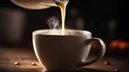 Closeup, pouring and cappuccino on coffee shop, cafe and restaurant table for weekend, break andの素材