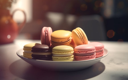 Food, dessert and bakery with macarons in restaurant for health, hospitality and nutrition. Menuの素材