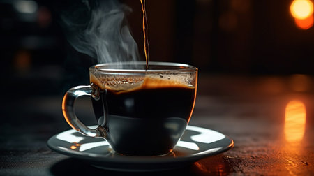 Closeup, americano and drink on coffee shop, cafe and restaurant table for weekend, break and restの素材