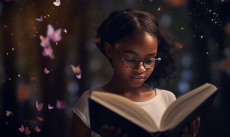 Fantasy, book and imagination with black girl and reading for fairytale, education and learning. Aiの素材