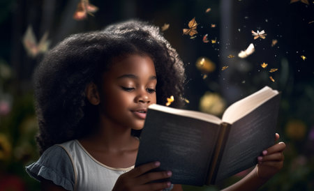 Fantasy, book and storytelling with black girl and reading for fairytale, imagination and learningの素材