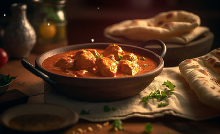 Food, kitchen and chicken with curry in restaurant for health, hospitality and nutrition. Fineの素材