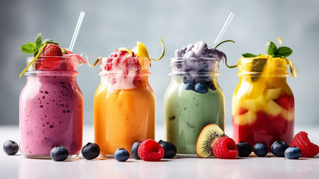 Food, diet and nutrition with smoothies on background for dessert, wellness and fruits. Ai generatedの素材
