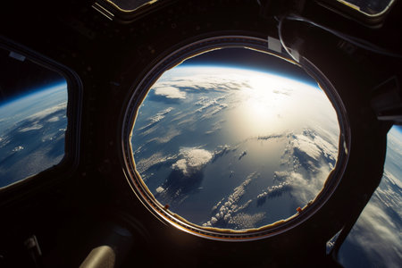 Space ship window, surface and world view in universe, galaxy and solar system for science researchの素材