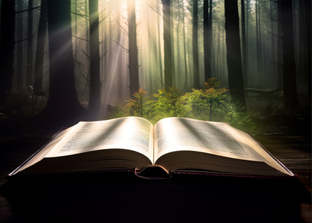 Magic, fantasy and forest with book in nature for fairytale, imagination and night. Ai generatedの素材