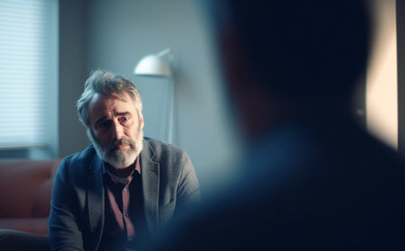 Senior man, sad and listening in psychologist clinic for mental health, grief or stress helpの素材