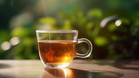 Closeup, gingseng and tea in coffee shop, cafe and restaurant for weekend, break and rest withの素材