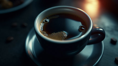 Closeup, americano and drink on coffee shop, cafe and restaurant table for weekend, break and restの素材