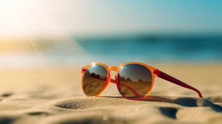 Sunset, shadow and travel with sunglasses at beach for relaxing, summer trip and vacation. Holidayの素材