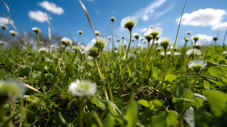 Floral, closeup and field of flowers in nature for environment, sustainability and growth. Blossomの素材