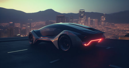 Sci fi, design and technology with car in city for electrical, luxury and lighting. Ai generatedの素材