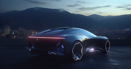 Sci fi, cyberpunk and road with car in city for electrical, luxury and lighting. Ai generated, artの素材