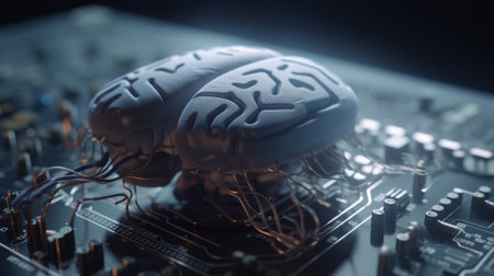 Data, brain and technology with circuit board of future for engineering, cybersecurity andの素材