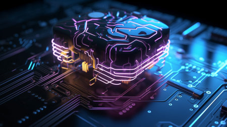 Cybersecurity, closeup and neon circuit board for futuristic engineering, electrical and programmingの素材