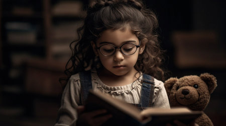 Night, research and storytelling with child and book for knowledge, relax and fairytale. Aiの素材