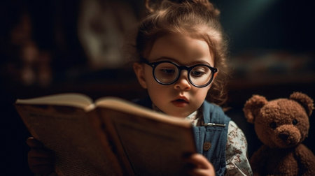 Night, books and storytelling with child in bedroom for bedtime, relax and fairytale. Ai generatedの素材