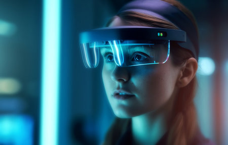 Girl, vision and virtual reality glasses at night for neon gaming, e sports and cyberspaceの素材