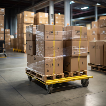 Boxes on trolley in shipping warehouse. Logistics and transportation product distributionの素材