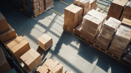 Top-down view Warehouse with cardboard boxes. Products in distribution center ready for globalの素材