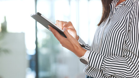 Business person, hands scroll and tablet for information, human resources software and office...