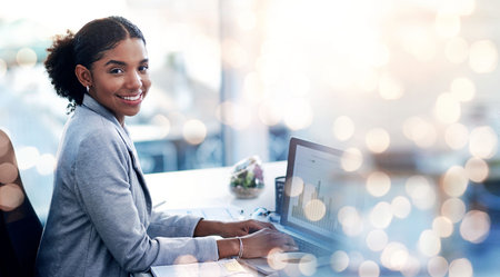 Mockup, laptop and portrait of business black woman online for research, website and internet....