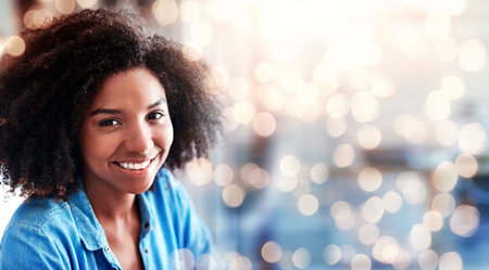 Bokeh, mockup and portrait of happy woman in office with smile, confidence and administration at startup business. Face, pride and businesswoman in recruitment at agency with space, lights and careerの写真素材