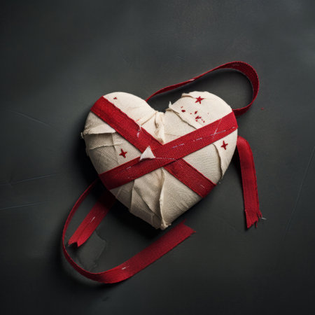 Heart wrapped in red ribbon. Heal broken heart concept.の素材