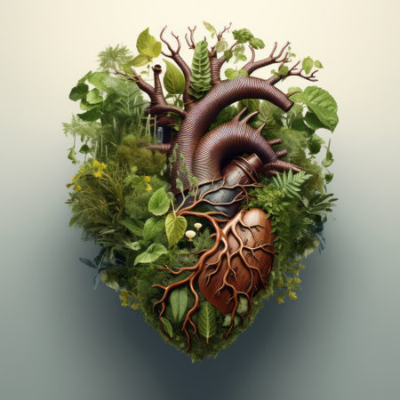Plants growing from heart. Strong, healthy heart concept. Sustainable disease preventionの素材