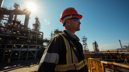 Wide portrait of man, oil rig engineer in industrial plant.の素材