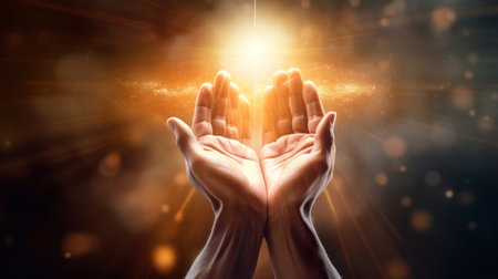 Open prayer hands worship God. Glowing light or spirit for spirituality and christianityの素材